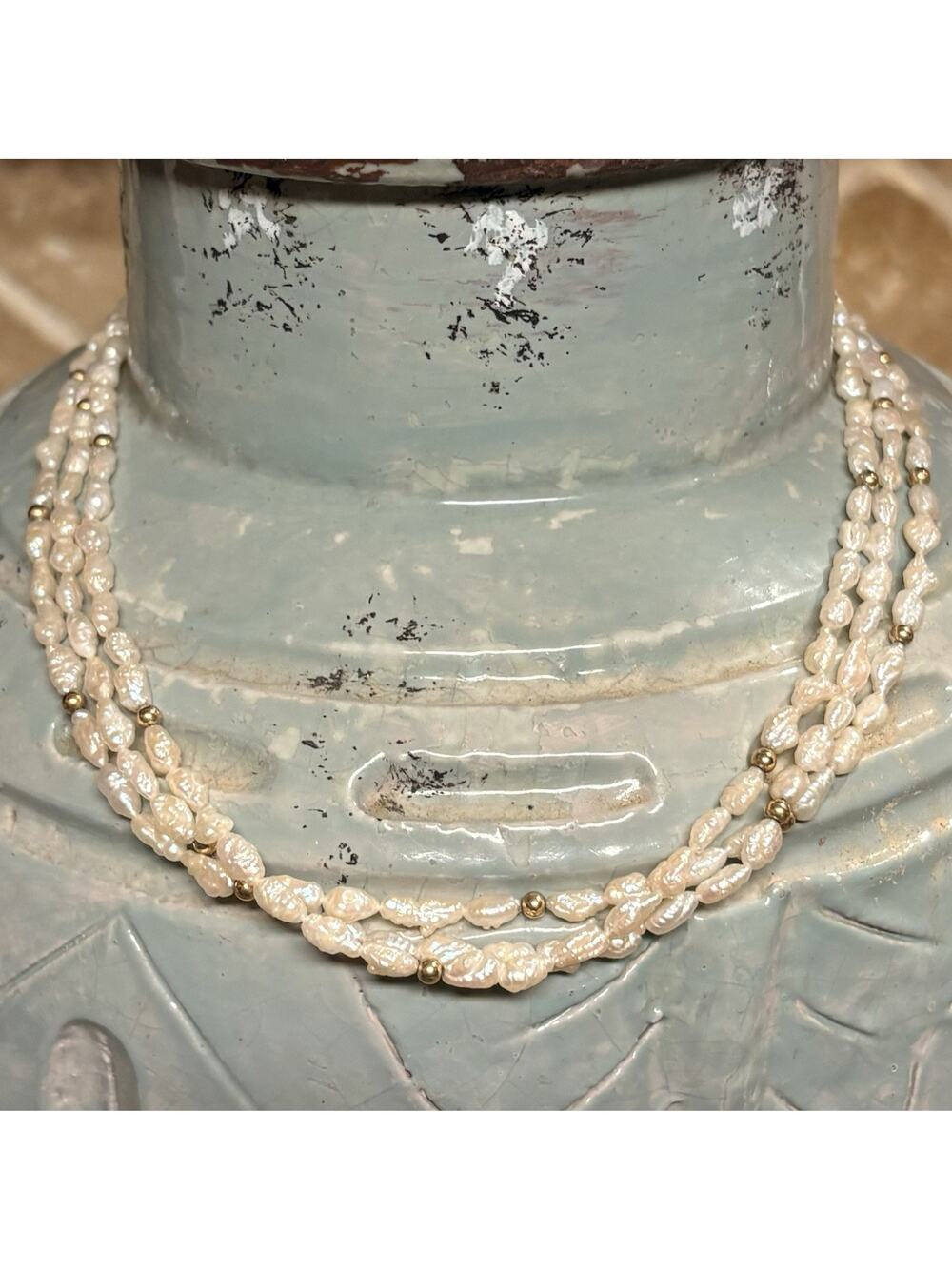 14K Gold and Rice Freshwater Pearl Necklace Three Strand 17 Inch Classy Vintage